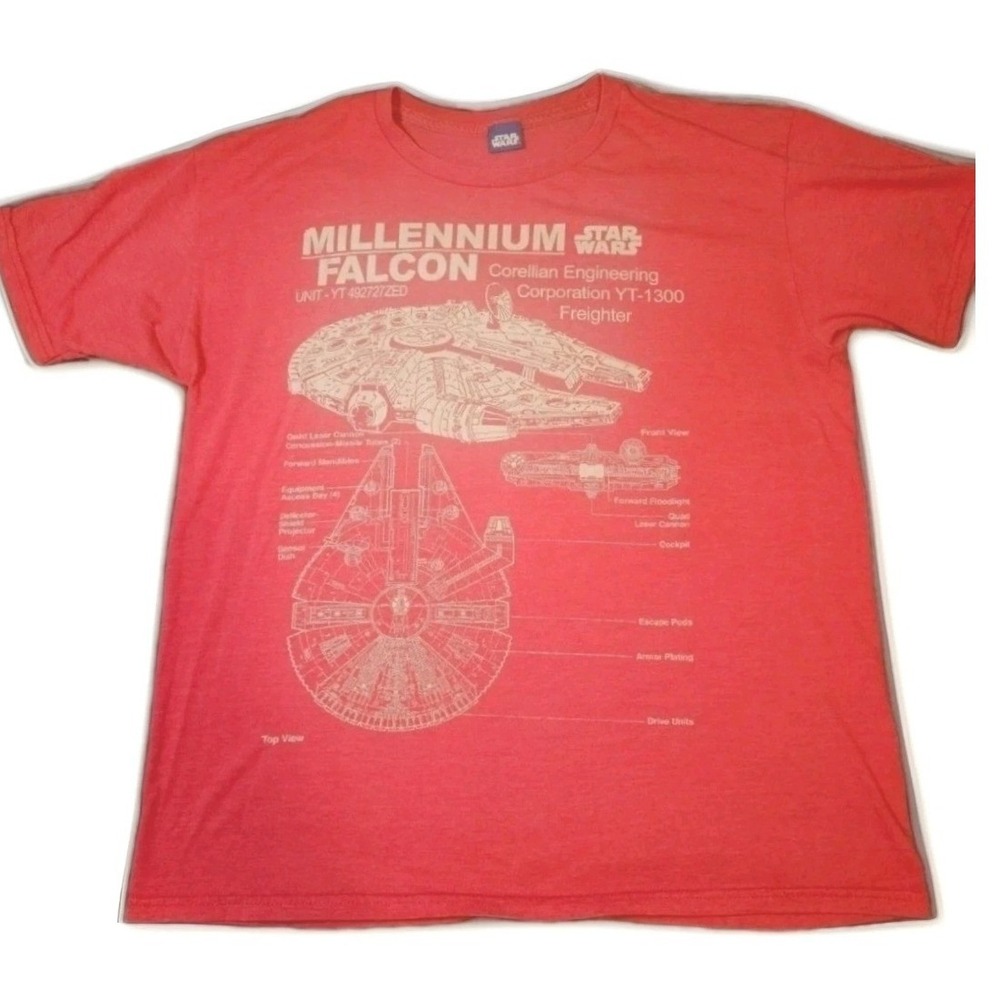 Star Wars Millennium Falcon T-Shirt Mens L Red Blueprint Schematic Graphic Tee